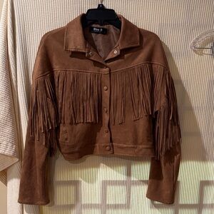 Blue B brown faux suede fringe jacket with snap closure.
